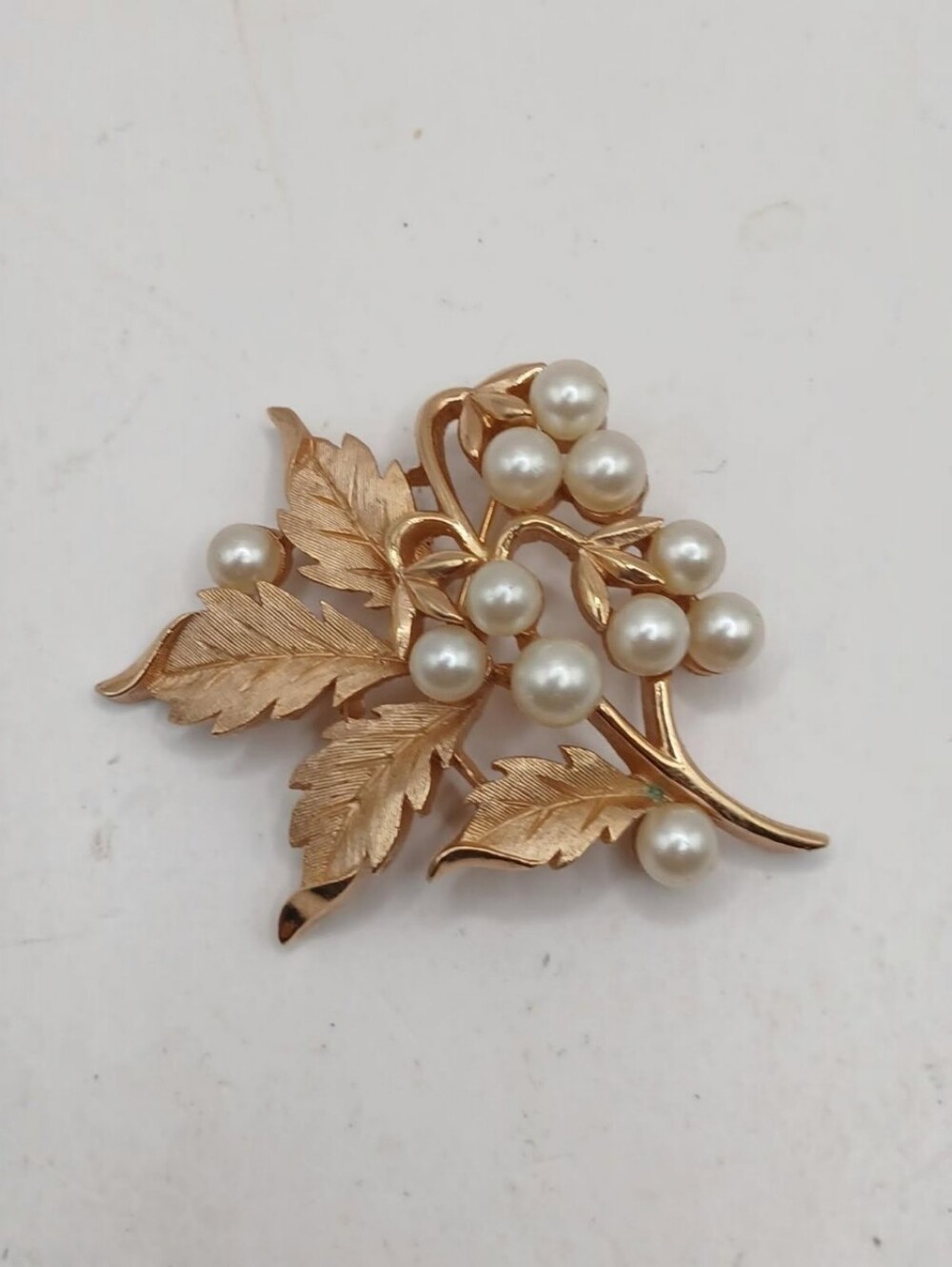 Crown Trifari Gold Tone Leaf and Faux pearl brooch,